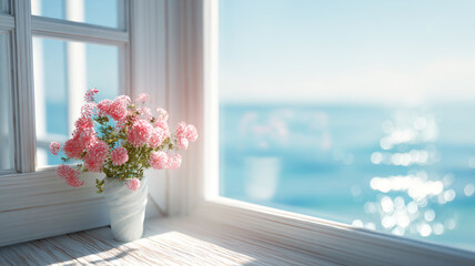 Pink flowers in white vase on windowsill overlooking the sea. © graja