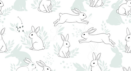 Fototapeta premium Seamless pattern features white line art rabbits and pale blue plant silhouettes creating a delicate and whimsical forest scene for wallpaper.