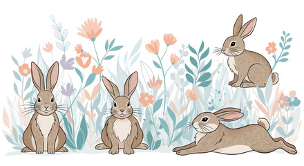 Four brown rabbits are shown in a meadow of colorful wildflowers and soft green plants in this charming and naturalistic illustration set.
