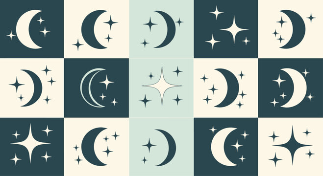 Stylish checkerboard pattern alternate dark teal and beige squares featuring crescent moons and stars for a modern celestial aesthetic.