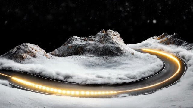 Glowing light trail follows winding mountain road through snowy miniature landscape in dark studio