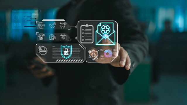 Futuristic digital healthcare interface with medical icons, data security, and analytics, representing health technology, medical information systems, innovation, and secure data management.