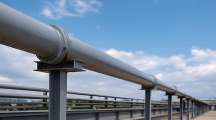 A long grey industrial pipeline supported by metal structures against a blue sky with white clouds