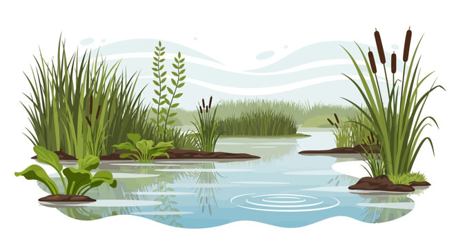 Vector illustration of a serene wetland ecosystem with lush greenery, a river, and a duck, promoting conservation on World Wetlands Day.