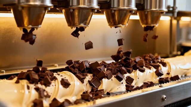 Medium shot capturing controlled dispensers scattering chocolate chunks onto a moving ice cream stream focusing on the indulgent addition of rich mixins during confectionery