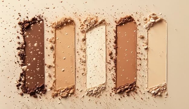 Seven rectangular makeup foundation or concealer swatches arranged in a row, gradual color progression from deep brown on the left through medium tan and beige to light ivory
