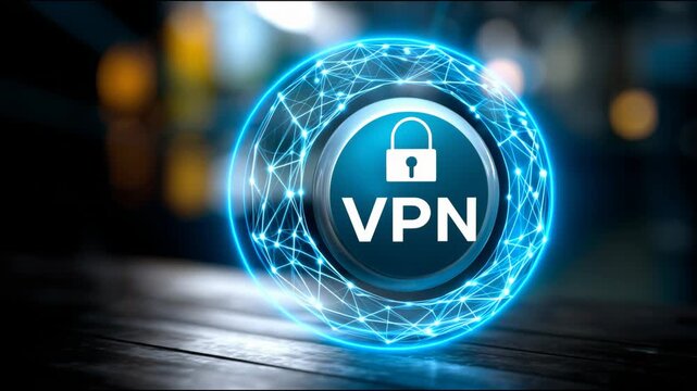 Glowing vpn button with a padlock icon providing secure internet access and data encryption