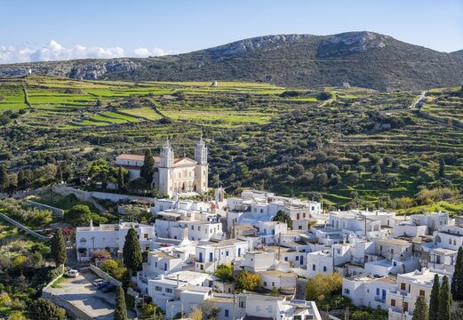 View over the village of Lefkes with white Cycladic houses, town view with church of Agia Triada, Church of the Holy Trinity of Lefko, Lefkes, Cyclades, Greece