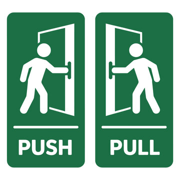 Green exit signs displaying a person opening a door labeled push and pull