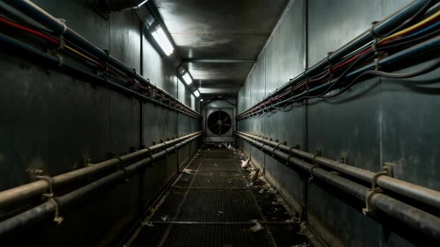 Medium shot of an industrial bird processing tunnel showing enclosed lines with dim lighting and visible gas and electrical systems for stunning and bleeding procedures.