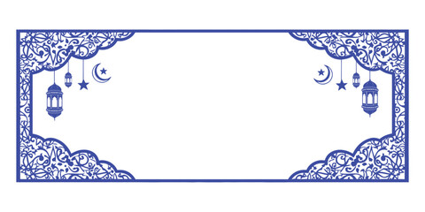 Islamic ornamental frame with crescent moon and hanging lanterns in blue line art. Elegant Ramadan and Eid decorative border design. Traditional religious background for greeting and banner use. 