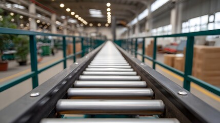 Fototapeta premium An empty roller conveyor system stretches down a brightly lit factory floor ready for production