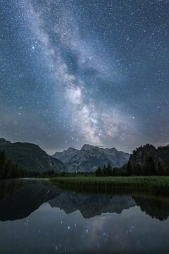 Milky Way over Almsee, Reflection, Totes Gebirge, Gr&uuml;nau, Almtal, Salzkammergut, Upper Austria, Austria