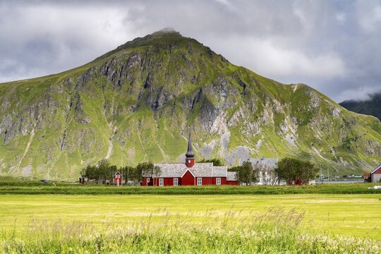Flakstad Kirke, the red stave church of Flakstad, wooden church, Flakstad, Flakstad&oslash;ya, Lofoten, Norway