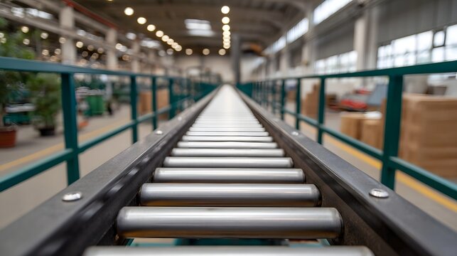 An empty roller conveyor system stretches down a brightly lit factory floor ready for production