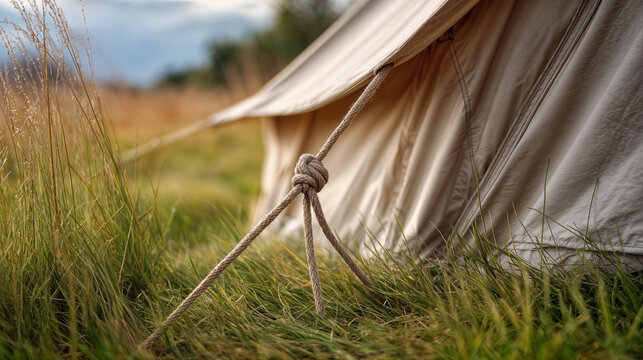 ** Festival Tent in Tranquil Meadow Close-Up View of Taut Rope and Stakes Securing Canvas in Peaceful Outdoor
