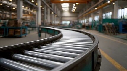 Fototapeta premium A curved roller conveyor system winds through the interior of a busy industrial factory ready for production and logistics