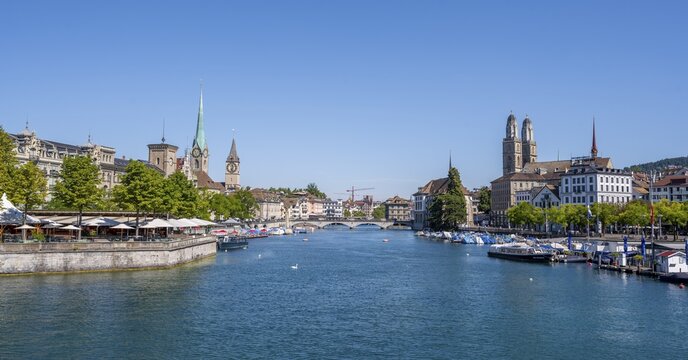 View from the Quai Bridge over the Limmat to the towers of Zurich's Old Town, Zurich, Switzerland