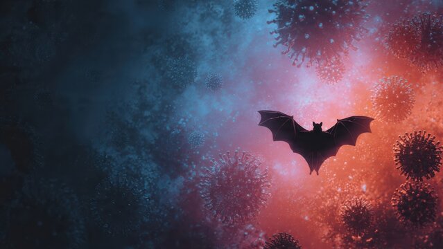A dark bat flies amid colorful virus-like spheres, symbolizing the connection between wildlife and disease transmission in a striking visual representation.