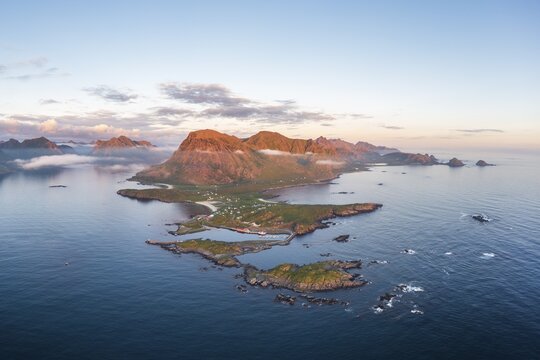 Fishing village Hovden, coast, fjords and mountains, Lang&oslash;ya island, Vester&aring;len archipelago, Norway