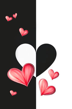 A bold composition of pink and red hearts arranged around a central black heart, set against a split monochrome background. Graphic and expressive.