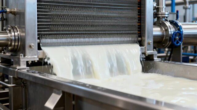 Medium shot of milk flowing steadily through a plate heat exchanger in an HTST pasteurization process with visible stainless steel surfaces and clean industrial setup.