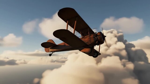 Vintage biplane aircraft flying in the sky with clouds