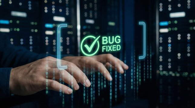 IT professional fixing software bug with binary code display