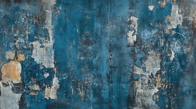 Abstract textured background with peeling blue paint and weathered plaster.