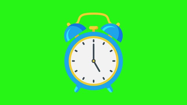 Blue alarm clock icon animation on green screen background representing passing time