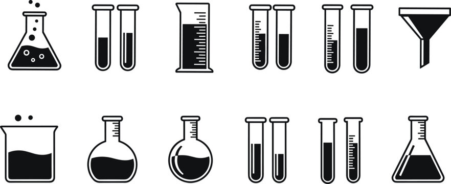 Laboratory glassware icons set featuring beakers test tubes flasks funnels and measuring cylinders in modern black and white vector style