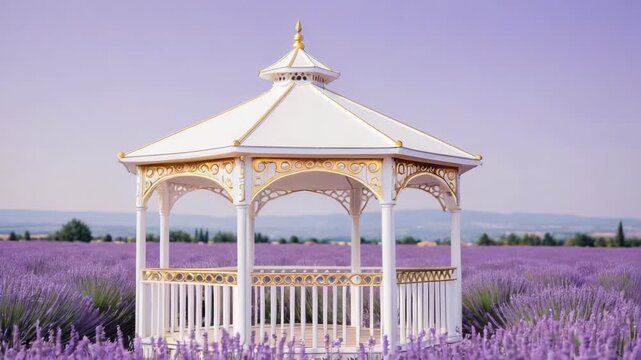 Video A gazebo sits amidst a vibrant lavender field, surrounded by purple flowers