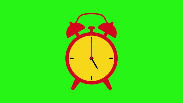 Red and yellow alarm clock icon time lapse animation on green screen background