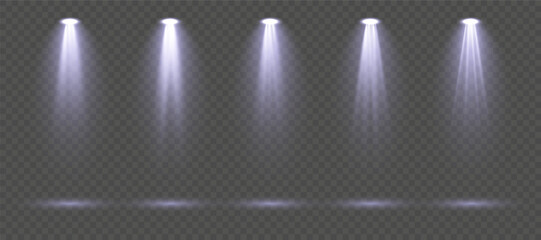 Bright blue spotlight with focused glowing beam, atmospheric haze particles and radiant halo isolated on transparent background perfect for dramatic stage compositions, concert visuals and vector desi