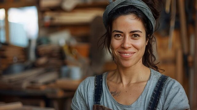 A woman stands in a workshop filled with wood and tools. She smiles at the camera, showing joy in her work. Natural light enters through a window, highlighting the space