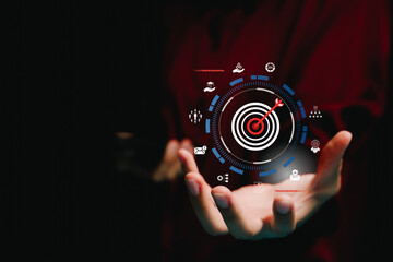Goal achievement concept. Target icon with arrow in center, business objectives alignment, strategic focus, success planning, performance motivation, outcome driven management.