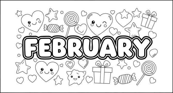 February month illustration with cartoon characters and valentine's day theme