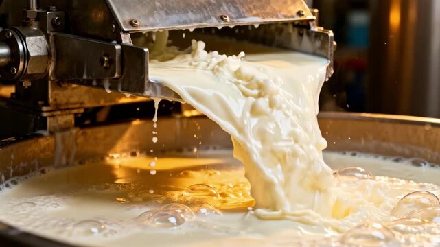 Medium shot of a highspeed cream separator in action vividly showing milk dividing into creamy top layer and skim milk below highlighting fluid dynamics.
