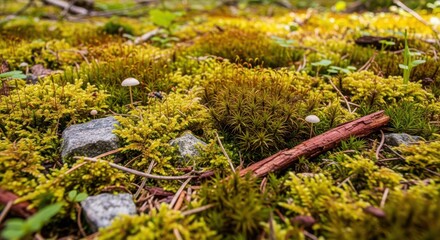 Fototapeta premium Forest Floor Macro with Lush Green Moss, Tiny Mushrooms, and Natural Textures in Serene Woodland Environment.