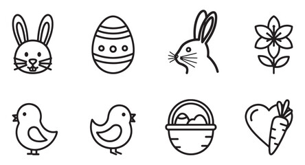 Obraz premium Easter outline icons set with bunnies eggs chicks basket carrot and flower