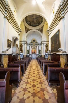 Interior with nave, Santuari de Sant Salvador monastery at Calvary, Art&aacute;, Majorca, Balearic Islands, Spain