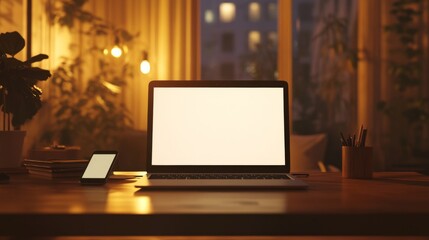 Laptop with blank screen on a wooden desk in a cozy home office at night with warm lighting