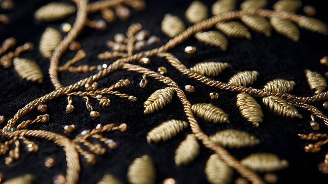 Intricate golden zari embroidery featuring leaf and vine motifs on a premium black velvet fabric background