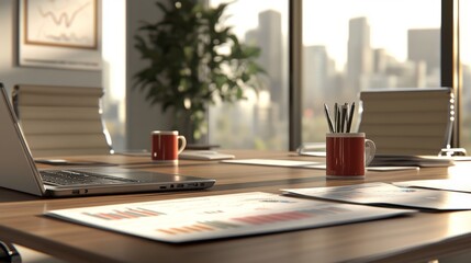 Modern office desk with laptop, business documents, and city skyline view in bright sunlight