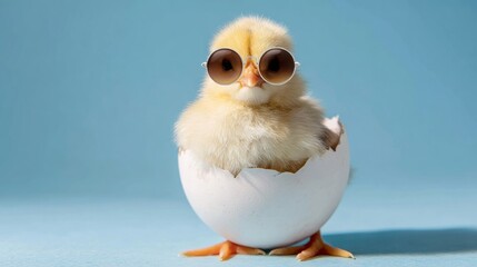 A young chick bursts out of its eggshell wearing stylish sunglasses. It stands proudly on a light blue surface, showcasing its vibrant yellow feathers and playful demeanor, creating a fun atmosphere.