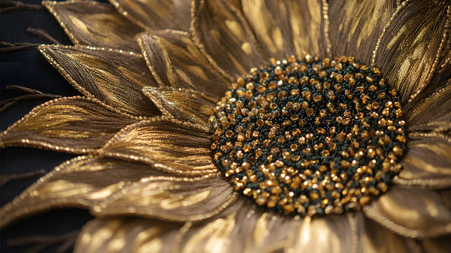 Detailed macro shot of an ornate embroidered sunflower with shimmering golden threads and a beaded center