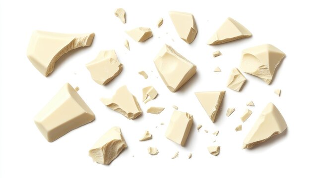 Broken pieces of white chocolate scattered on a white background, top view, studio shot.