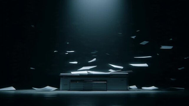 Mysterious white box surrounded by floating papers under spotlight.