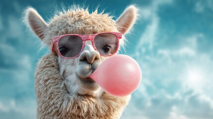 Fototapeta premium A llama with fluffy fur wears stylish sunglasses while blowing a large pink bubble gum bubble. The clear sky features soft clouds, creating a playful atmosphere.