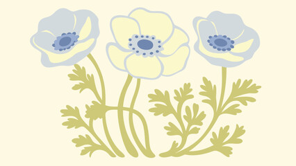 Three pale yellow and blue anemone flowers with green stems and leaves on beige background